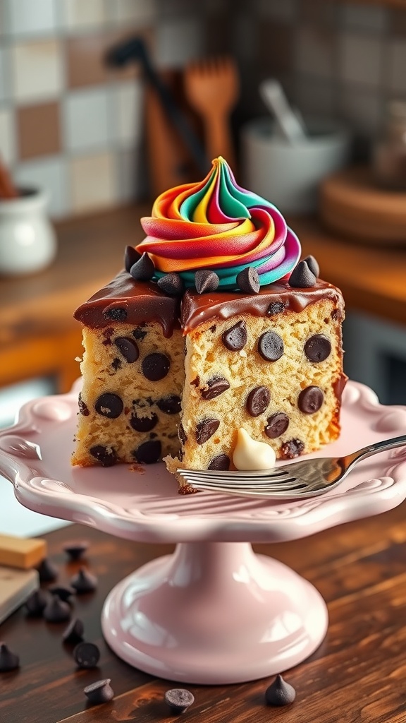 A slice of chocolate chip cookie cake on a cake stand, topped with frosting and chocolate chips, in a cozy kitchen setting.